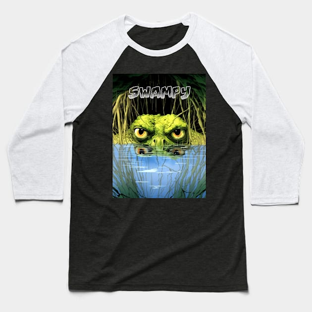 "Swampy": Government Dysfunction on a Dark Background Baseball T-Shirt by Puff Sumo